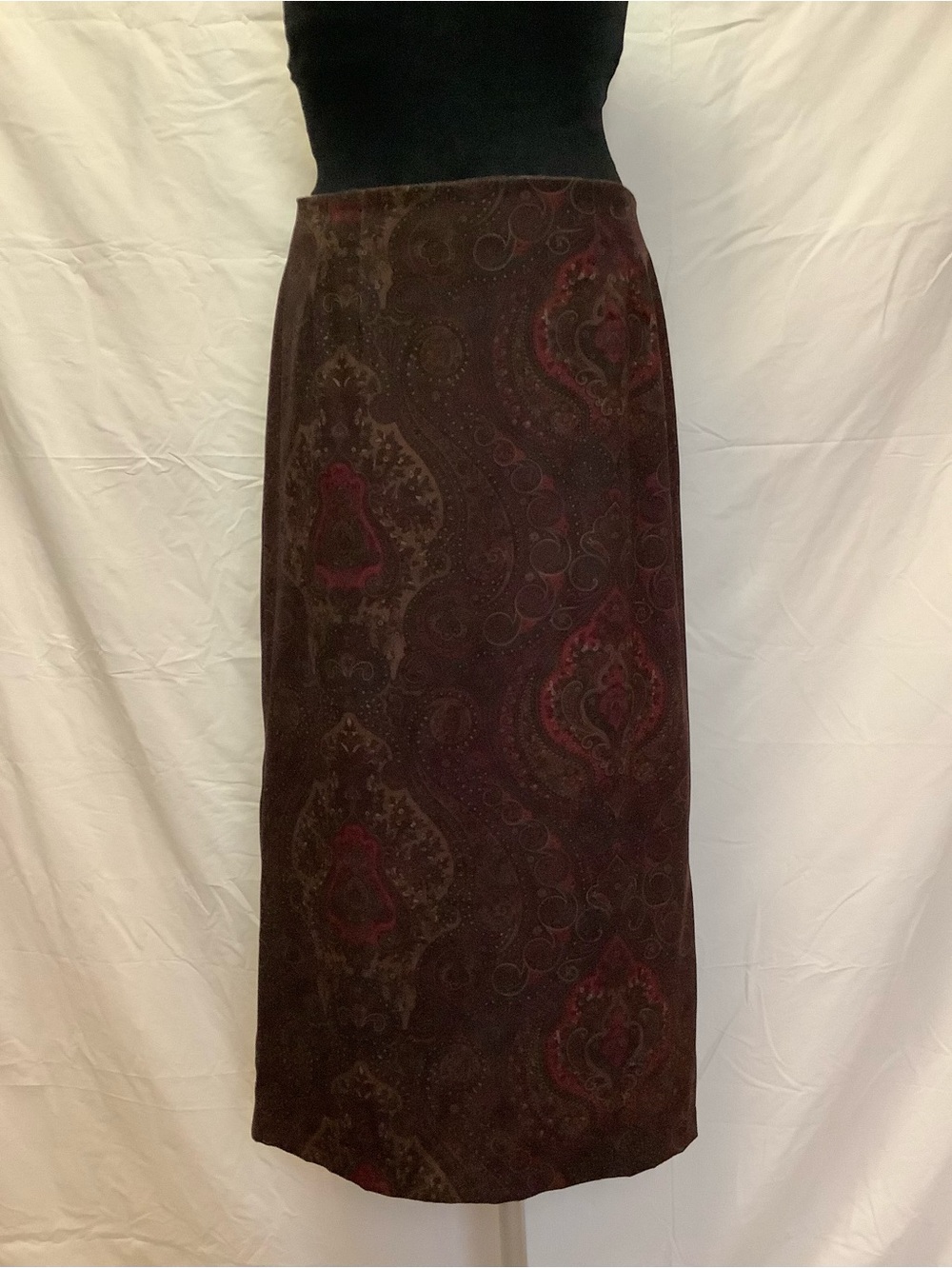 Briggs Midi Skirt-Brown Burgundy Paisley Pattern-Polyester Spandex Blend-10